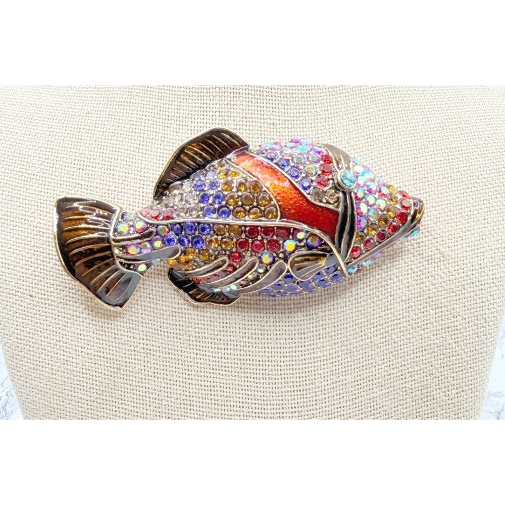 Large Rhinestone Fish Brooch Gold Tone AB Blue Glass Stones Tropical Pin 3"